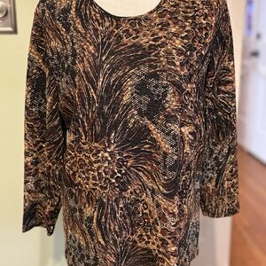 Allison Daley Black and Brown Animal Print Large Dressy Blouse